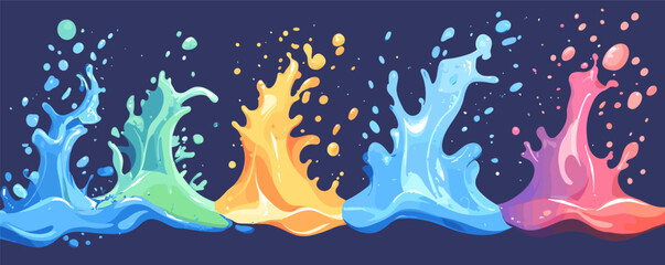 Poster - Colorful liquid splashes in motion against dark background.