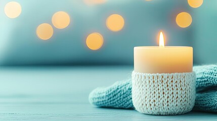 Leinwandbilder - Negative space design abstract background concept. A warm candle glows softly on a cozy blanket, creating an inviting atmosphere.