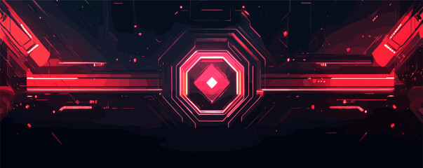 Poster - Futuristic red neon cyber interface with hexagonal central design and glowing patterns.