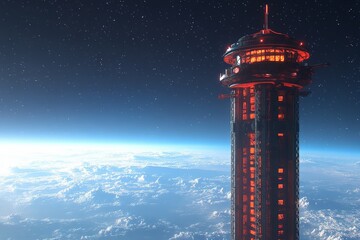 Poster - Futuristic observation tower overlooking Earth from space during twilight with stars shining above