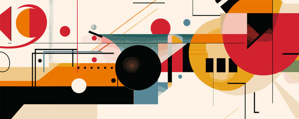 Poster - Abstract geometric art with circles, lines, and shapes in multicolored composition.