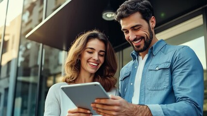 Poster - A man and a woman share smiles while they engage with a tablet outdoors, illustrating the spirit of collaboration and innovation in todays dynamic and modern business environment