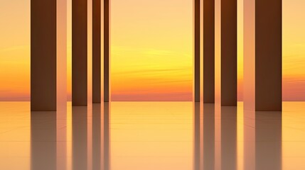 Poster - Negative space design abstract background concept. Serene sunset view with abstract pillars reflecting in calm waters of a tranquil setting.