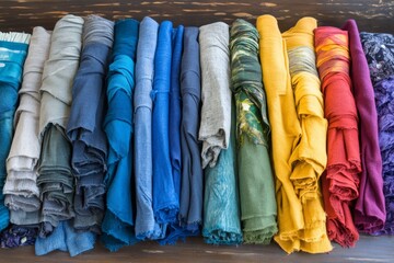 Poster - Collection of neatly rolled fabrics in various colors arranged on a display shelf