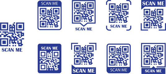 Poster - QR Code Scan blue icons set. Scan me text vectors. Smartphone usage. Electronic, barcode, digital technology for mobile app, payment, identification and website isolated on transparent background.
