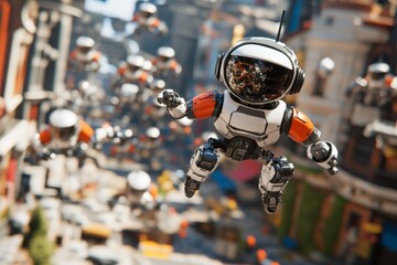 Poster - Flying robots exploring a futuristic cityscape during the day