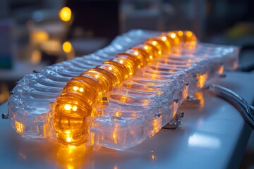 Aufkleber - Innovative design of a transparent LED structure showcasing illuminated elements in a modern workshop environment