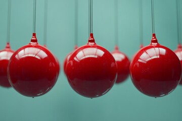 Poster - Red glossy spheres suspended in a row against a light blue background