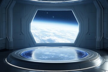 Poster - View of Earth from a futuristic observation deck in space, showcasing clouds and blue atmosphere