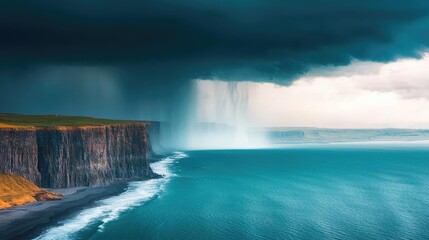 Poster - Seaside cliffs landscapes idea. A dramatic seascape featuring a storm above cliffs and cascading waterfalls.