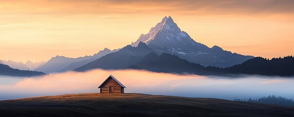 Poster - Misty mountains scenic view landscapes concept. A tranquil scene featuring a cabin surrounded by misty mountains at sunrise.