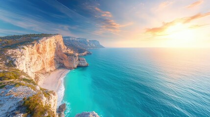 Poster - Seaside cliffs landscapes idea. A breathtaking coastal view at sunrise, showcasing cliffs and clear turquoise waters.