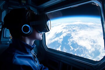 Aufkleber - Virtual reality experience simulating outer space from a spacecraft cockpit while observing Earth