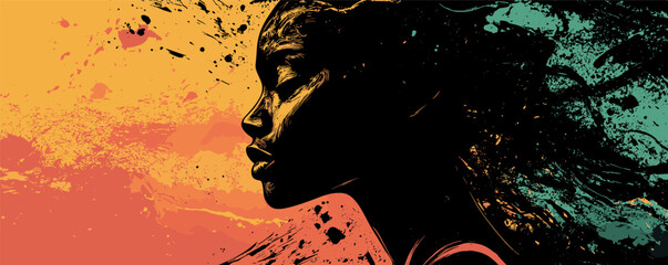 Poster - Vibrant abstract silhouette of a woman against a colorful splash background.