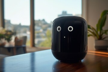 Poster - Smart home device with expressive eyes sits on a wooden table in a modern living room during daylight hours