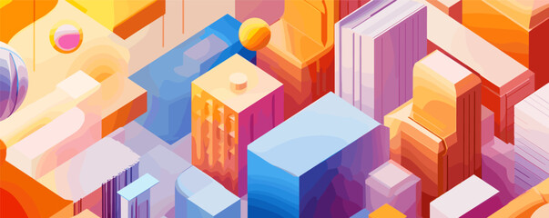 Poster - Vibrant abstract cityscape with geometric shapes in warm colors.