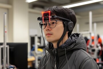 Leinwandbilder - Young man wearing a head-mounted device in a technology lab conducting research on brain activity