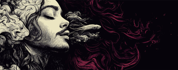Poster - Artistic portrait of young man with flowing smoke and abstract waves in high contrast black and white.