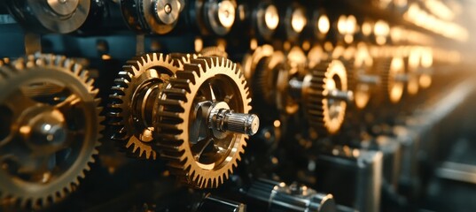 Poster - Close-Up View of Interlocking Metal Gears, Precision Engineering and Industrial Machinery in Action