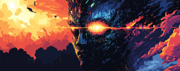 Poster - Futuristic cyborg with glowing eye amidst vibrant digital explosion in abstract art.