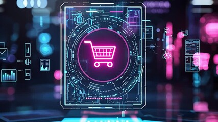 Poster - Futuristic Digital Shopping Cart Interface in Neon Colors with Data Visualizations and Technology Background for E-commerce and Online Shopping Concepts