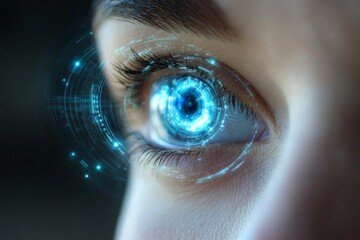 Aufkleber - Close-up of a human eye with advanced digital effects highlighting futuristic technology and data visualization in a creative representation