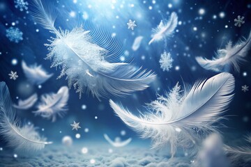 Poster - Winter Wonderland: Delicate White Feathers and Snowflakes on a Serene Blue Background