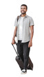 © kite_rin - Handsome happy man full length portrait isolated transparent PNG, Young joyful smiling student men walking with suitcase isolated transparency.  Travel, tourism, summer holiday concept