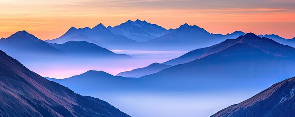 Poster - Misty mountains scenic view landscapes concept. Majestic mountain range at dawn, featuring soft colors and atmospheric depth.