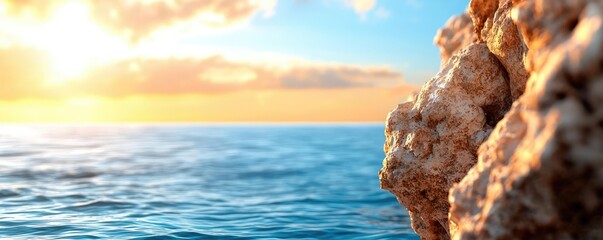 Poster - Seaside cliffs landscapes idea. A serene view of the ocean at sunset, highlighting rocky coastline and tranquil waters.