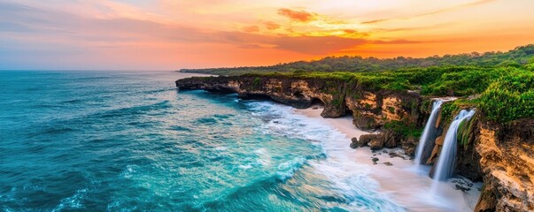 Poster - Seaside cliffs landscapes idea. Breathtaking sunset over a waterfall cascading into the ocean, surrounded by lush greenery.