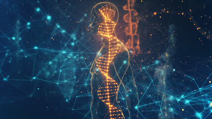 Fototapete - This Shows a human silhouette with digital DNA strands and bioengineering elements.
