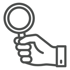 Poster - Magnifying glass in hand line icon, optical tool concept. Vector graphics. Magnifier in human hand sign on white background, outline style icon for mobile or web design.