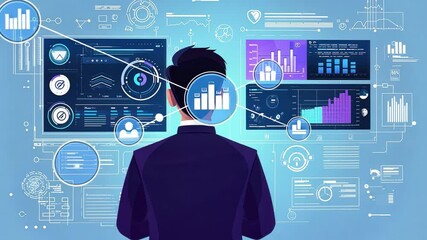 Poster - Business Analytics Concept with Data Visualization, Digital Interface, and Professional Male Figure Engaged in Financial Analysis and Metrics Overview