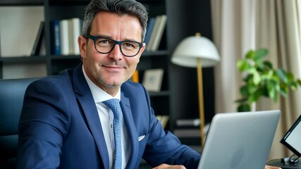 Poster - A dedicated professional in a tailored suit is intently focused on his laptop in a modern office, surrounded by books and greenery, representing the blend of business and technology today