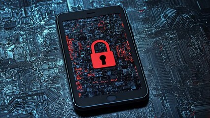 Poster - Smartphone Displaying Red Lock Icon on Circuit Board Background Representing Cybersecurity and Data Protection in Modern Technology Landscape