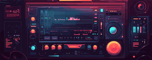 Poster - Retro futuristic audio console with glowing lights and graphical display in neon colors.