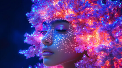 Poster - Celestial Dreamscape: A woman with closed eyes surrounded by an ethereal galaxy of vibrant neon lights and sparkling particles evokes serenity and dreamlike atmosphere