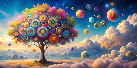 Poster - Whimsical Colorful Tree Abstract Fantasy Landscape - Dreamy Sky, Floating Shapes