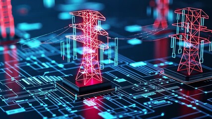 Poster - Futuristic Power Grid with Digital Transmission Lines and Electric Towers on Circuit Board Background in Blue and Red Colors