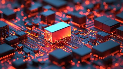 Poster - Close-Up View of a Circuit Board with Glowing Red and Orange Lights and Microchips in a Dark Environment