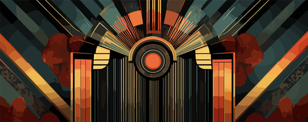 Poster - Art deco-inspired geometric abstract design with bold colors and symmetry.