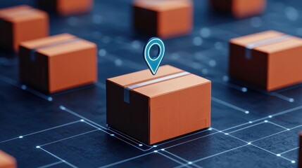 Poster - Digital Delivery Concept with Package and Location Pin on Futuristic Background of Surrounding Boxes