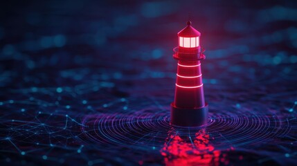 Poster - Vibrant Neon Lighthouse Illuminating Waves in Futuristic Water Scene with Digital Network Design Elements