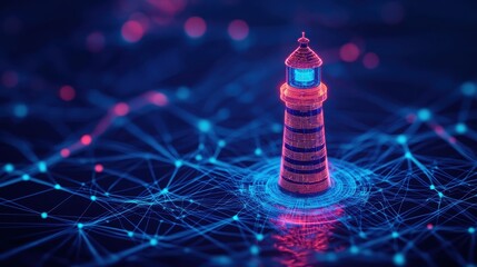 Poster - Futuristic Digital Lighthouse Guiding Through Networked Ocean of Interconnected Data and Light Patterns