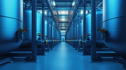 Poster - Industrial Storage Facility with Large Tanks and Valves in a Blue Light Environment