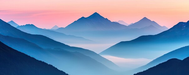 Poster - Misty mountains scenic view landscapes concept. A serene mountain landscape with mist and colorful sunset hues creating a tranquil scene.