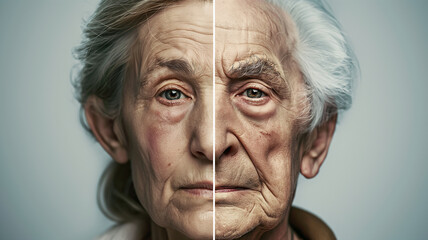 Poster - This Two portraits split down the middle show different stages of aging, revealing genetic modifications.