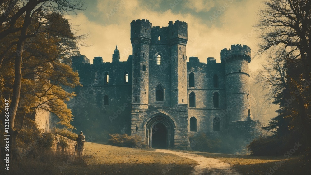 Eerie vintage scene of an ancient castle with stone walls, dark towers