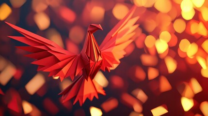 Poster - Vibrant Red Paper Bird Flying Against a Colorful Abstract Background with Warm Tones